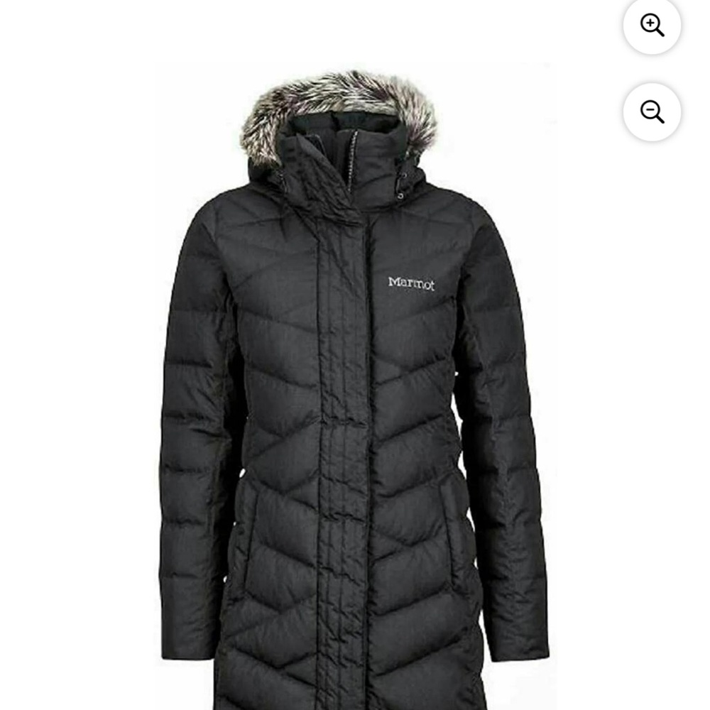 Marmot Black Puffer Coat with Faux Fur Hood and Chevron Quilting XL